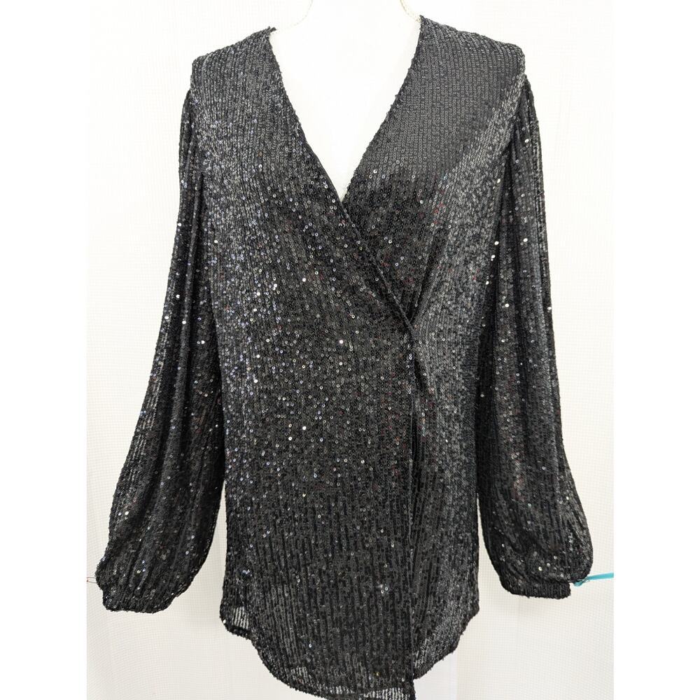MABLE! GLAM WRAP FRONT, DRAPEY BLACK W/MINI SEQUINS, LINED SHIRT JACKET! SZ S